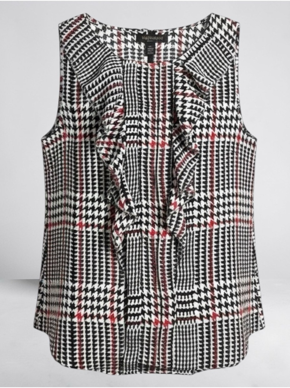 Elle Sleeveless Ruffle Blouse Black White Red Houndstooth Plaid Career Top